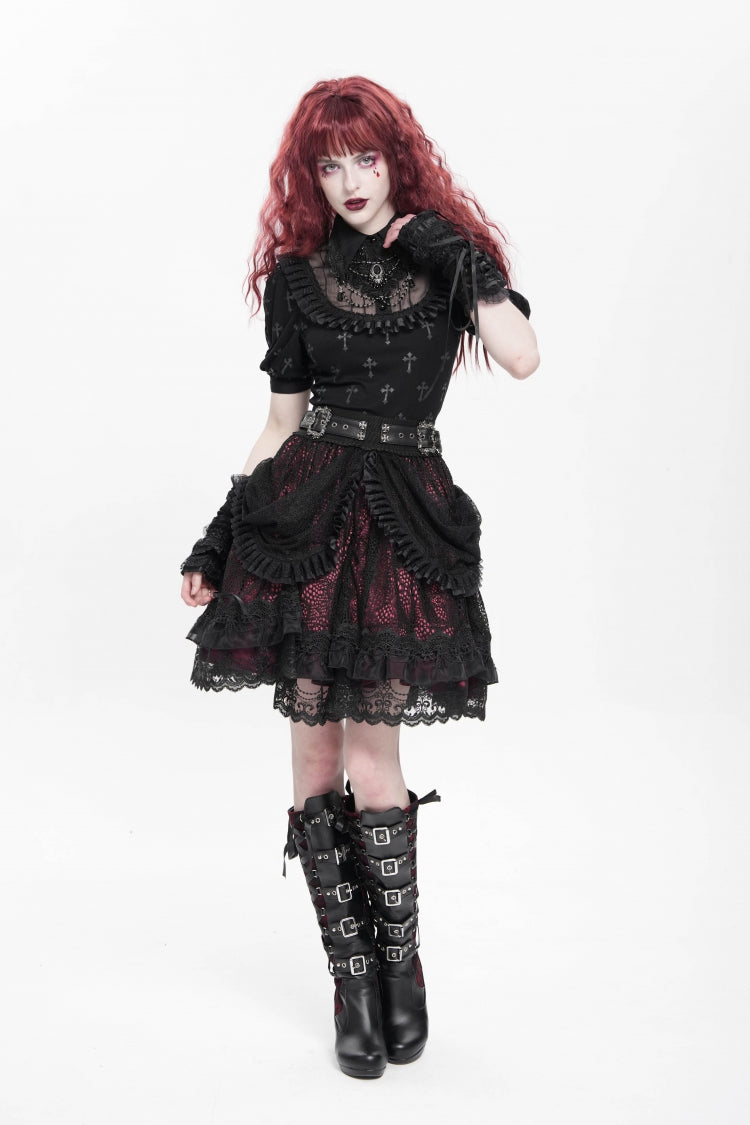 Black/Red Multi-Layered Ruffle Buckle Straps Women's Gothic Skirt
