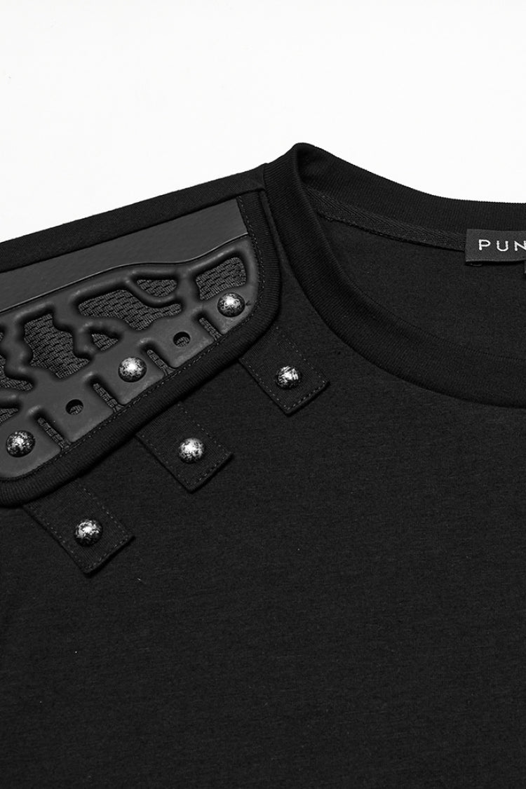 Black Round Collar Sleeveless Studded Stitching Shoulder Patched Men's Punk Vest