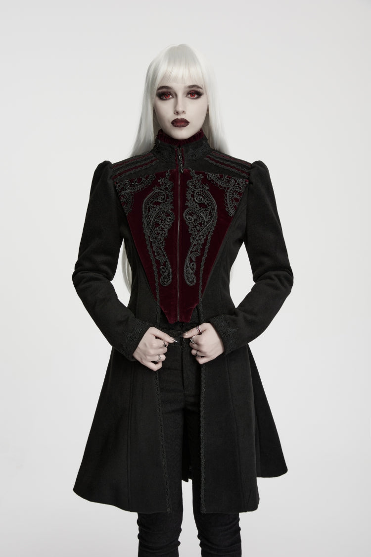 Black/Red Stand Collar Long Sleeves Open-Front Lace-Up Slim Fit Color-Blocked Zippered Women's Gothic Preppy Style Royal Coat