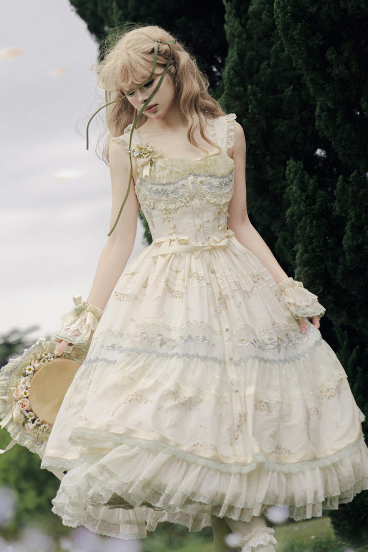 Multi-Color [Daisy Poetry] Print Ruffle Hollow Embroidery Lace Sweet Elegant Princess Lolita Jsk Dress