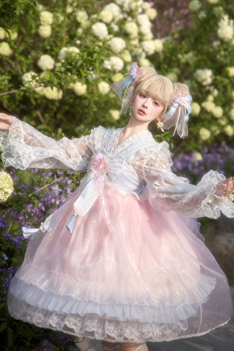 [Peach Blossoms in Spring Fields] Sleeveless Ruffle Bowknot Lace Sweet Chinese Style Lolita Jsk Dress 3 Colors