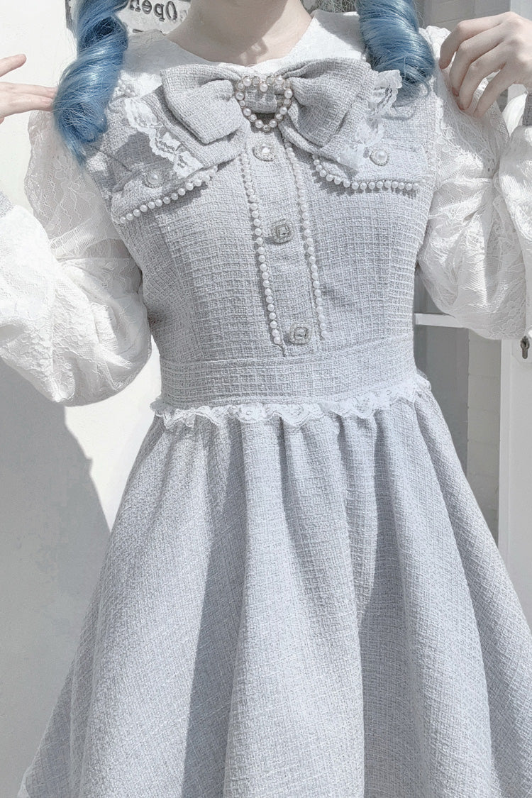 Grey Long Sleeves Bowknot Lace Pearl Sweet Jirai Kei Dress