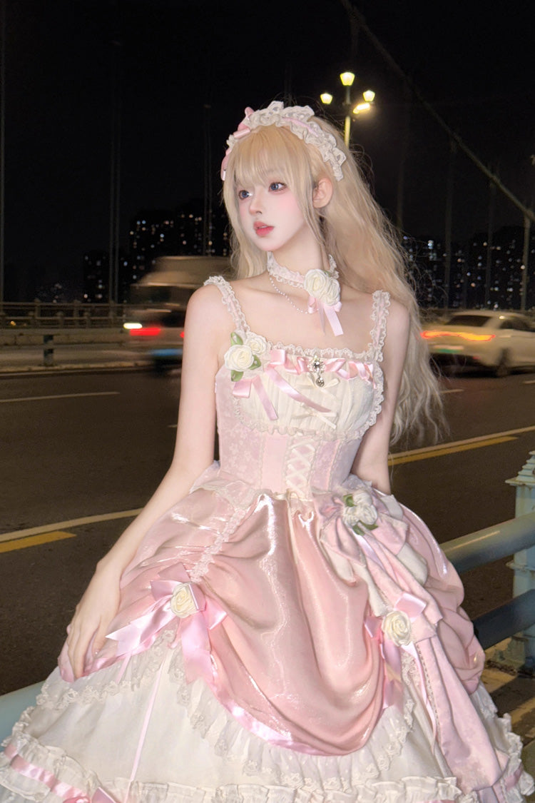Aprikose/Rosa mehrlagiges Hanayome-Schleifenkleid mit Rüschen, süßem Prinzessinnen-Outfit, wunderschönem langen Lolita-JSK-Kleid