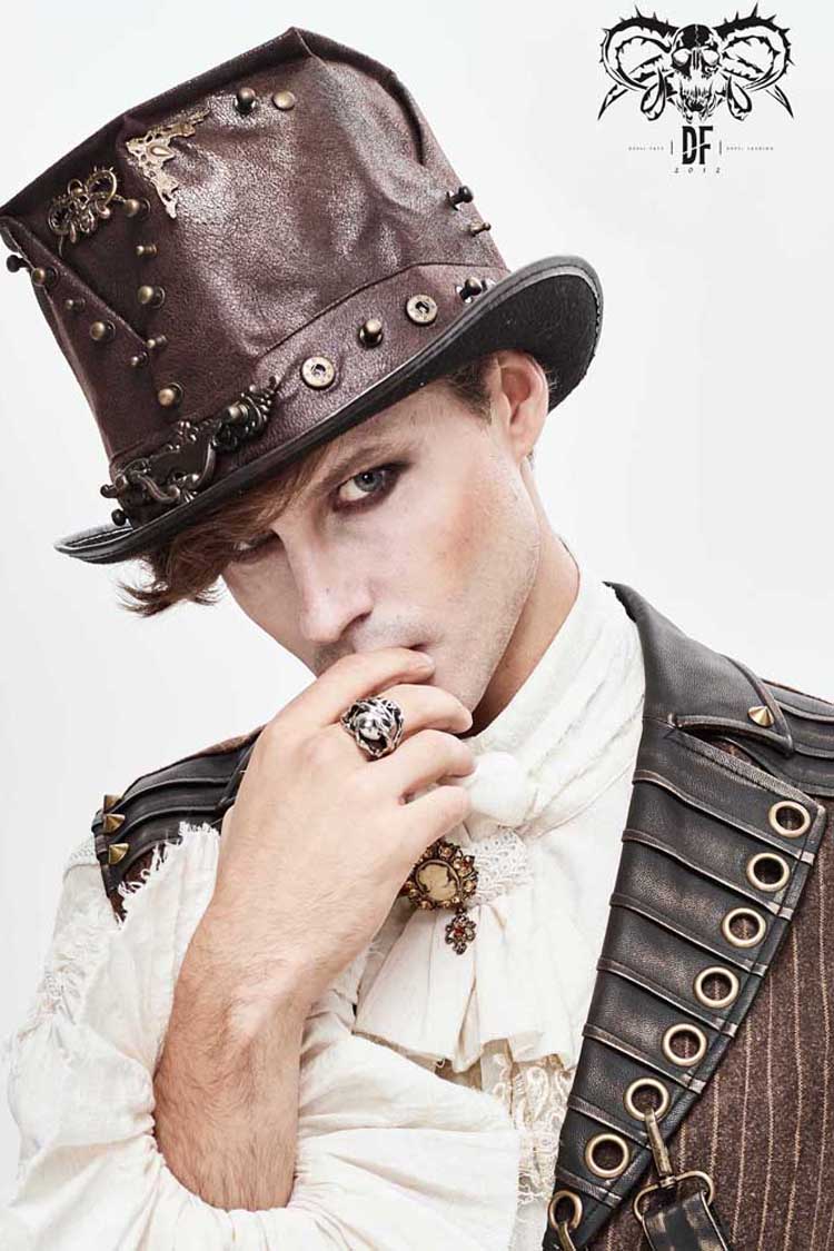 Brown Medium Top Leather Metal Stud Decorated Men's Gothic Hat