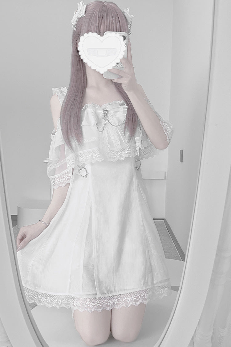 White [Pear Moon] Ruffle Bowknot Lace Jirai Kei Japanese Dress