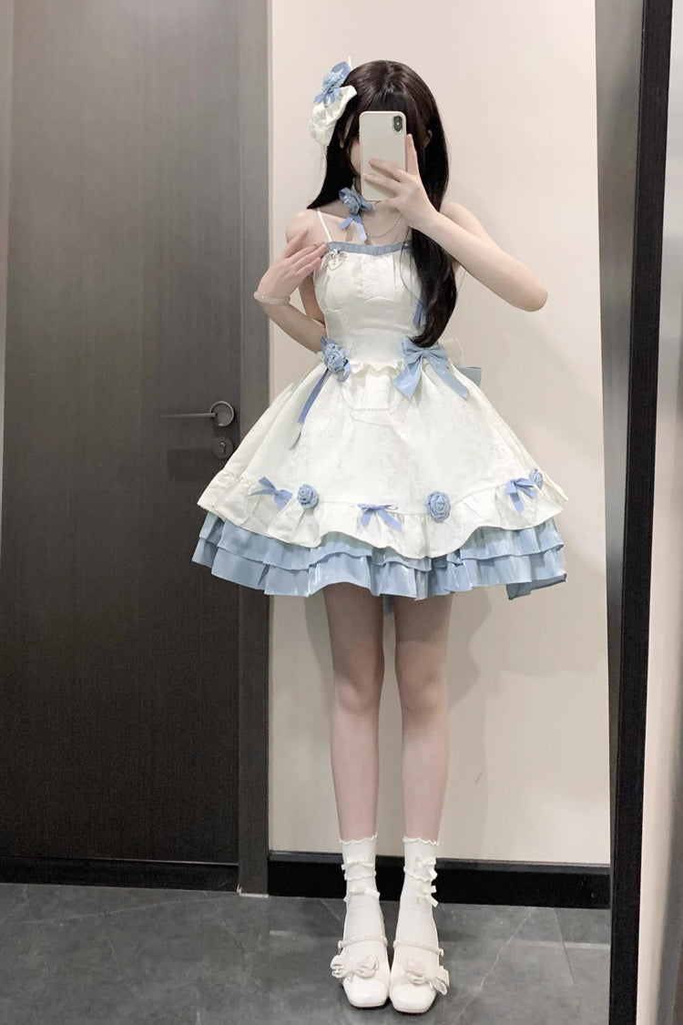 Apricot/Blue Print Ruffle Bowknot Sweet Princess Lolita Jsk Dress