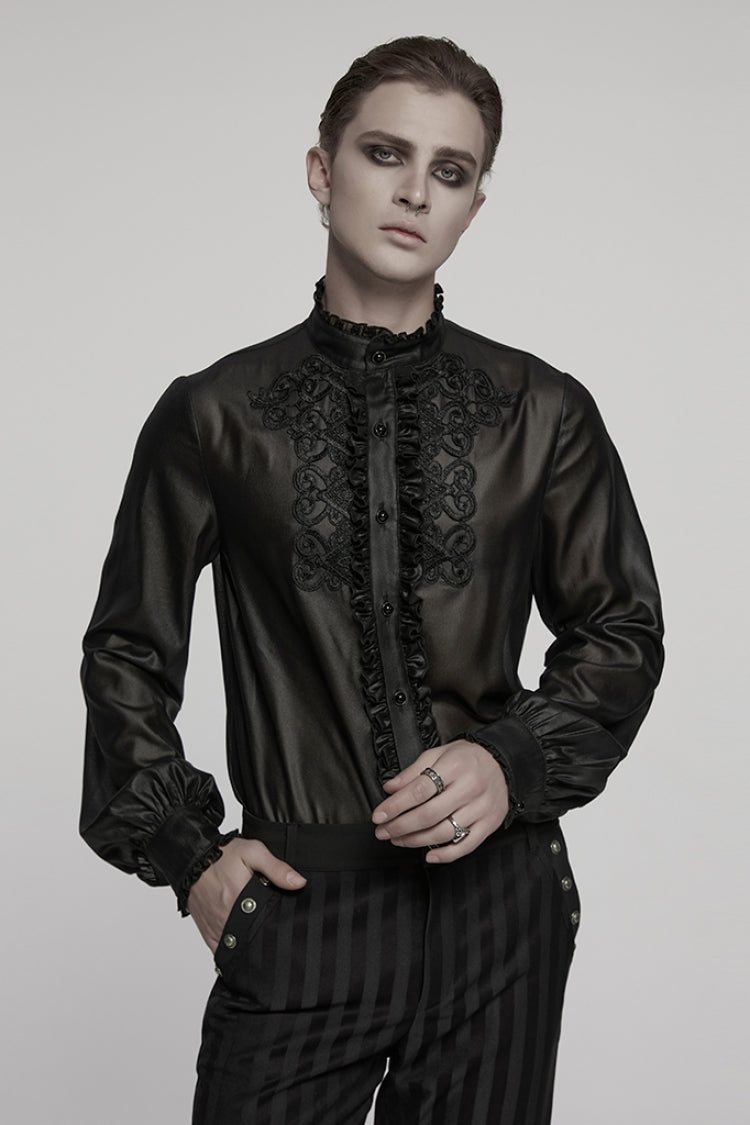 Black Stand Collar Long Sleeves Ruffle Embroidery Men's Gothic Blouse