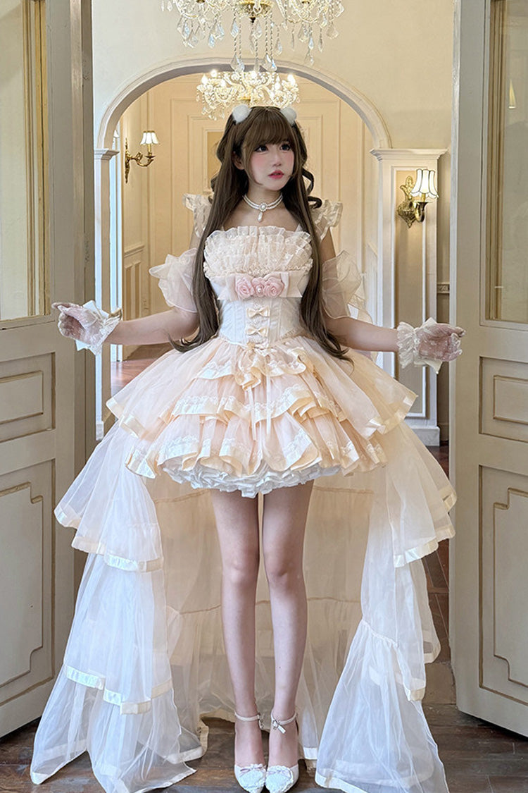 Rosa [Mousse Love Song] Schulterfreies, ärmelloses, dreilagiges, gerüschtes Hanayome-Schleife, süßes, elegantes Ballett-Lolita-Kurzkleid-Set