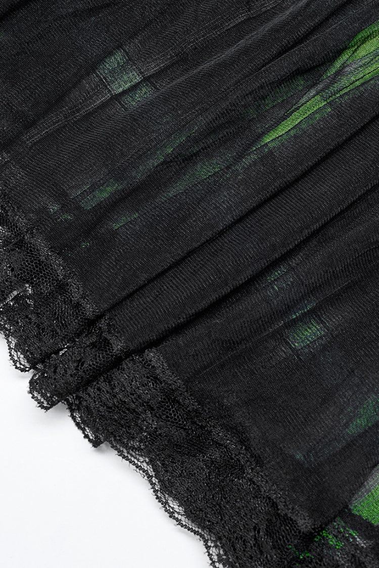 Black/Green Double Breasted Print Ruffle Lace Women's Steampunk Pleated Skirt