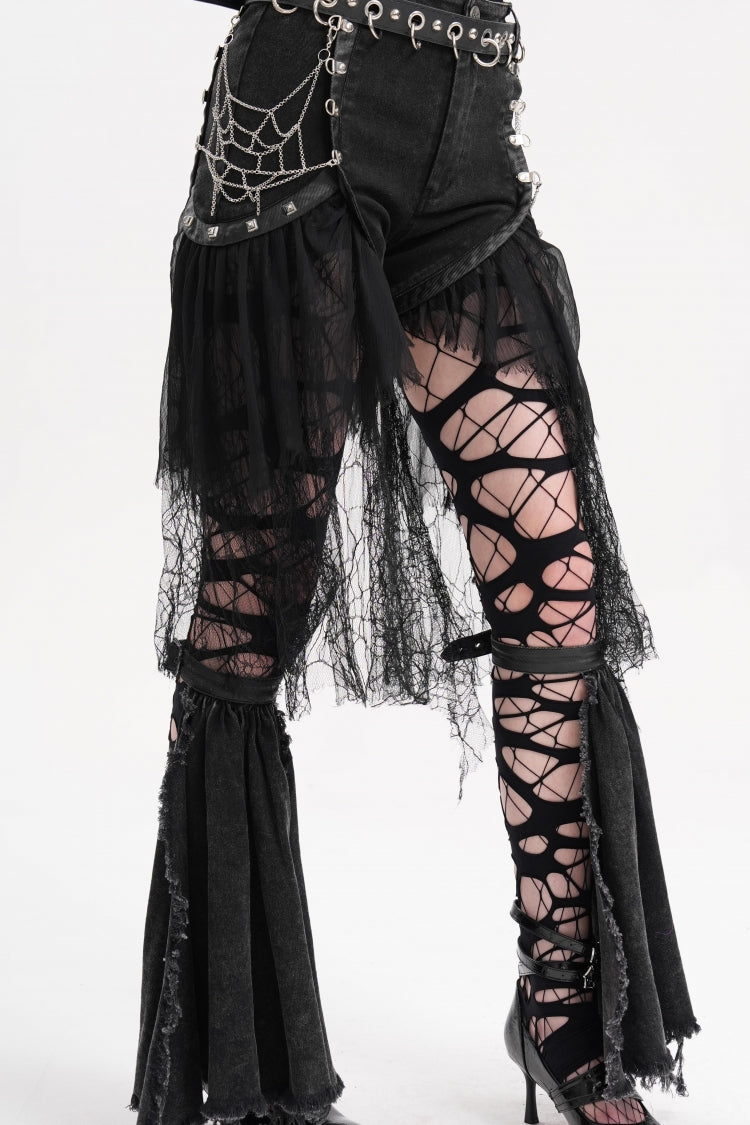 Schwarze Gothic-Shorts mit unregelmäßigem Netzstoff und zerrissenem Saum für Damen