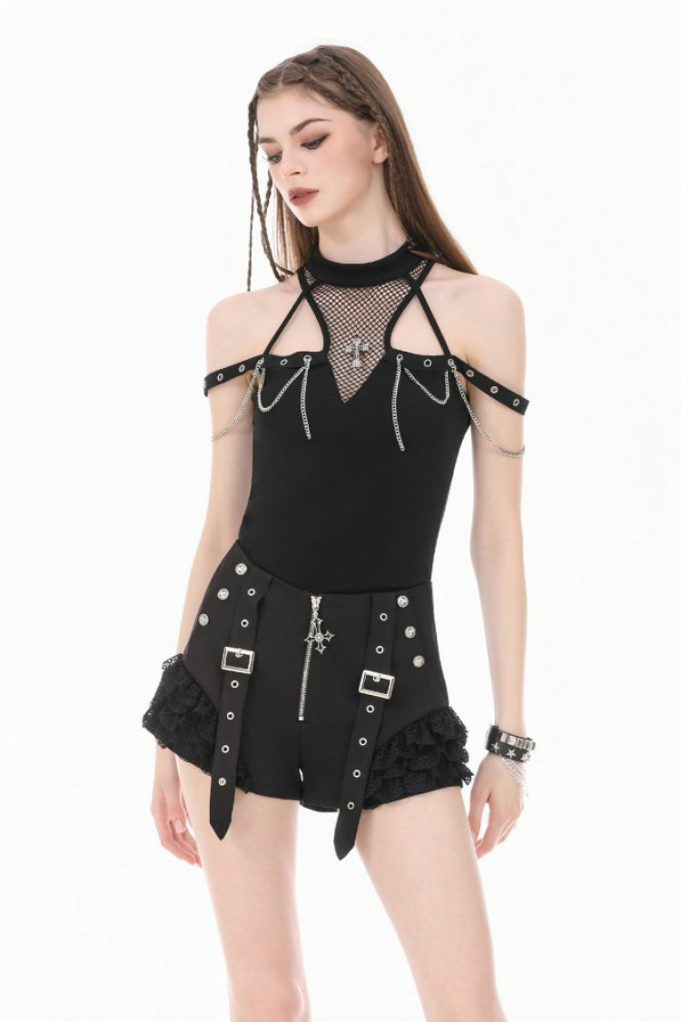 Black Women's Gothic Cross Halterneck Cut-Out Mesh Chain-Decorated Eyelet Tank Top