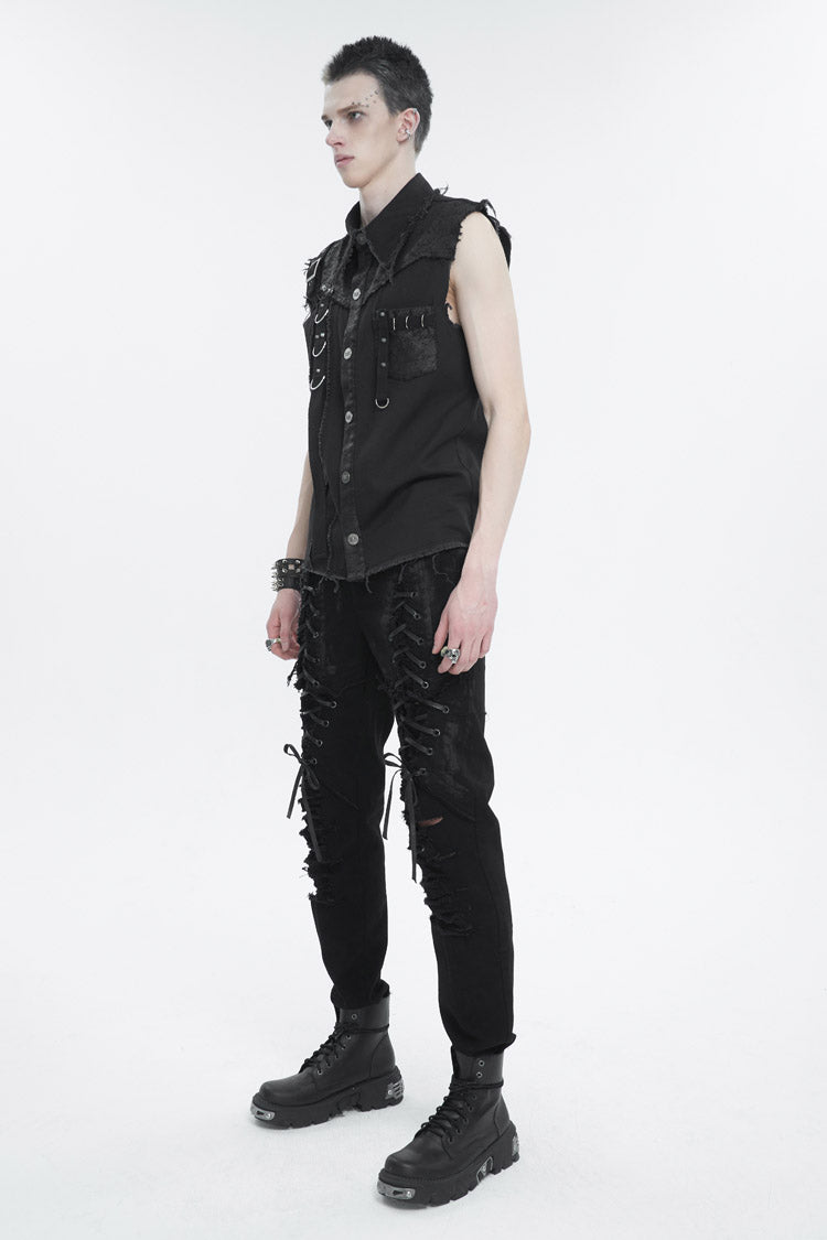 Black Sleeveless Buckle Splice Unedged Men's Punk Vest