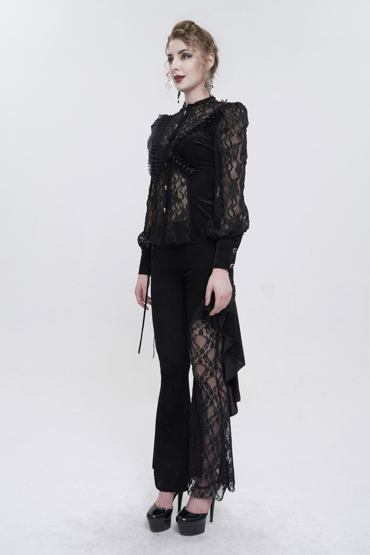 Schwarzer Samt-Hochhals-Spitzen-Fake-BH-Design, das dreidimensionales Schmetterlingsnetz-Gothic-Shirt für Damen spleißt
