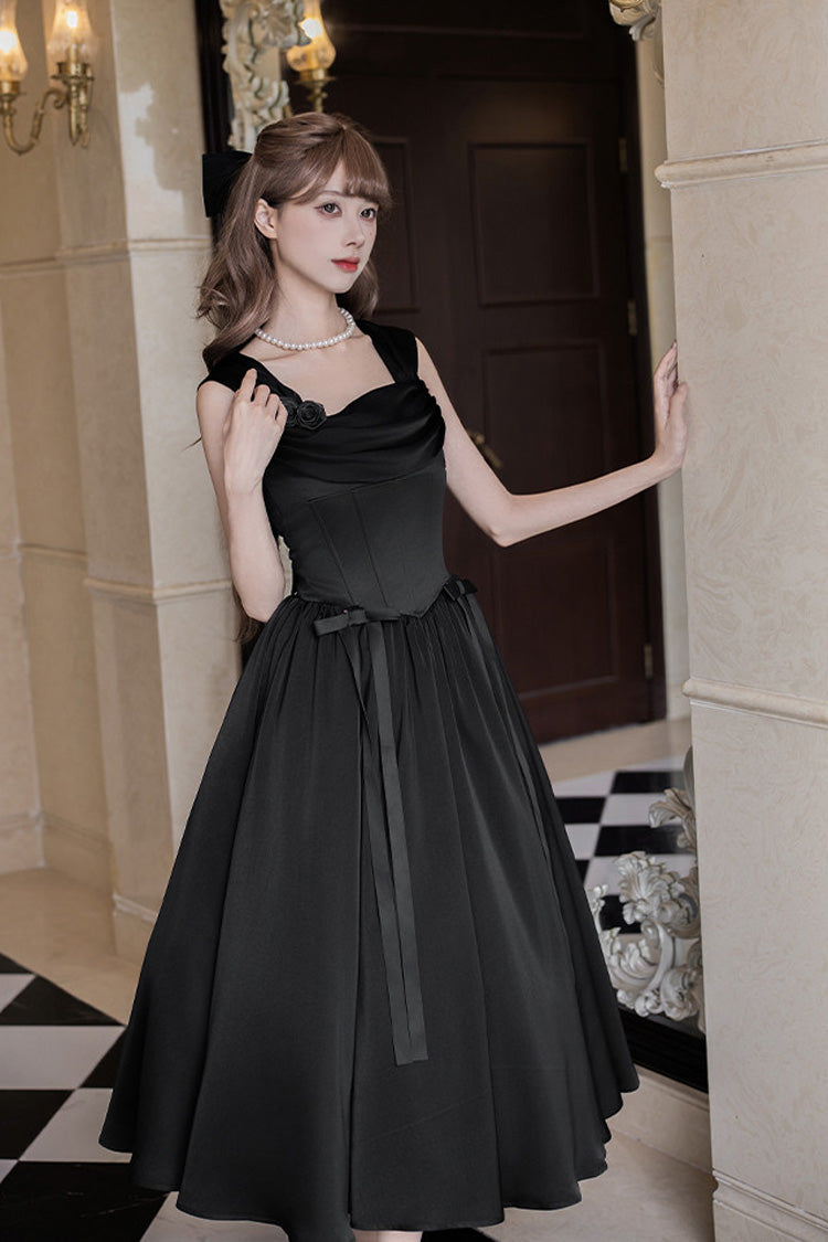 Noir [Avec amour] Ensemble de robe gothique élégante Lolita Jsk à col carré sans manches en arête de poisson