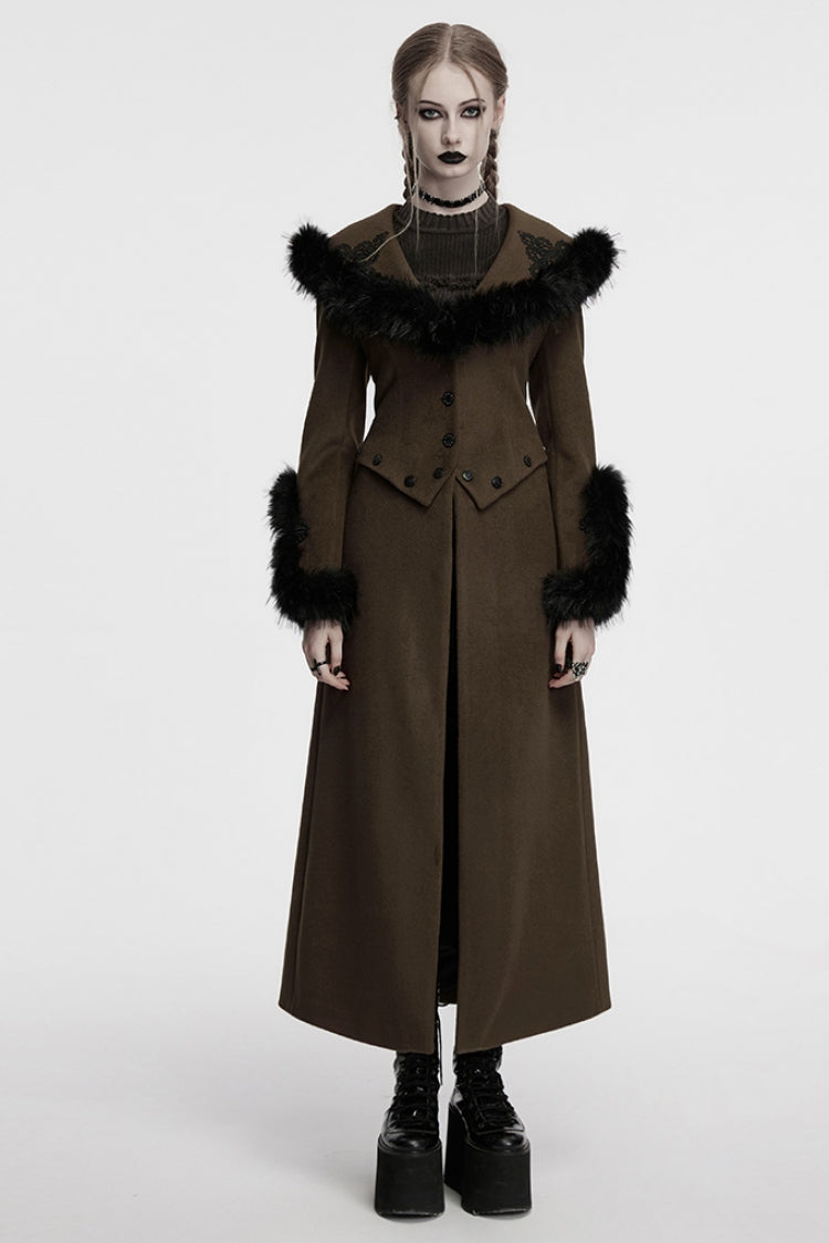 Coffee Long Sleeves Faux Fur Stitching Lace-Up Detachable Women's Gothic Coat