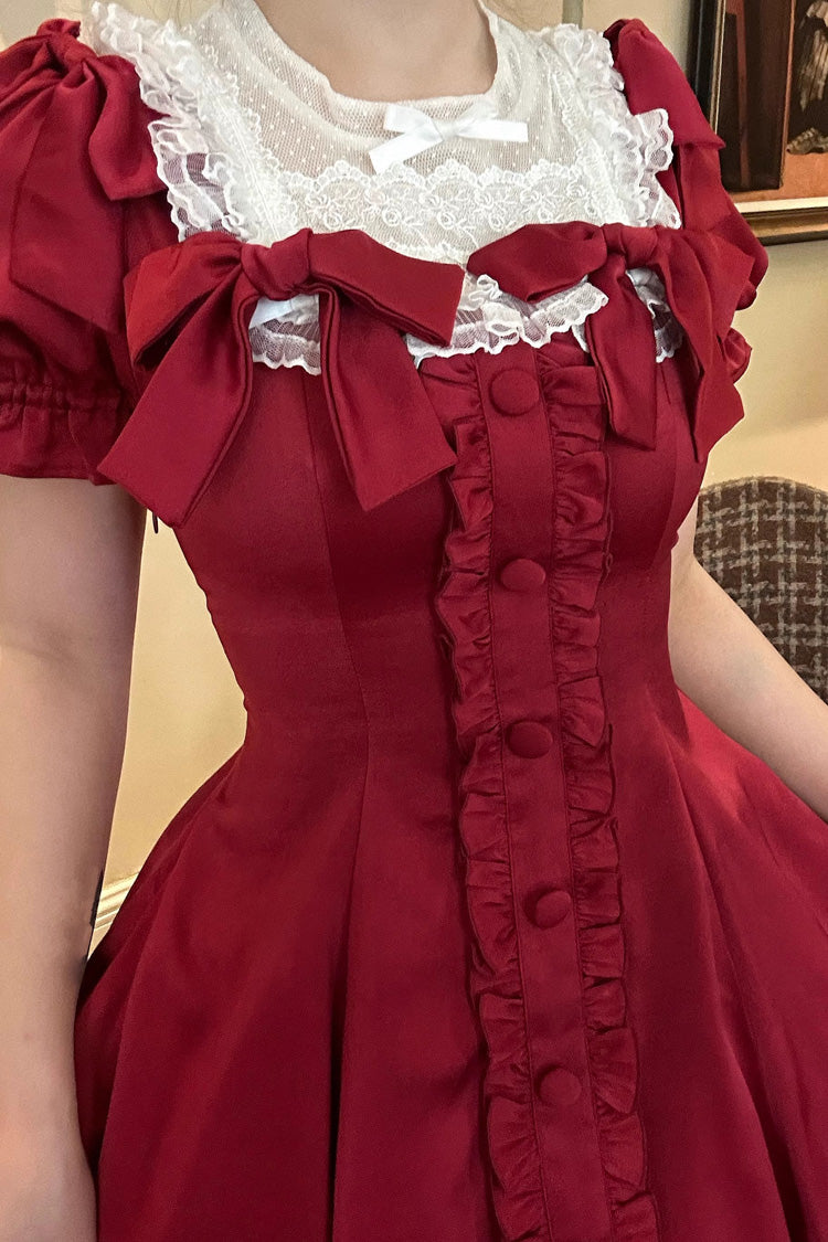 Wine Red Annie's Gift Short Sleeves Bowknot Short Version Sweet Lolita Dress (Plus Size Support)