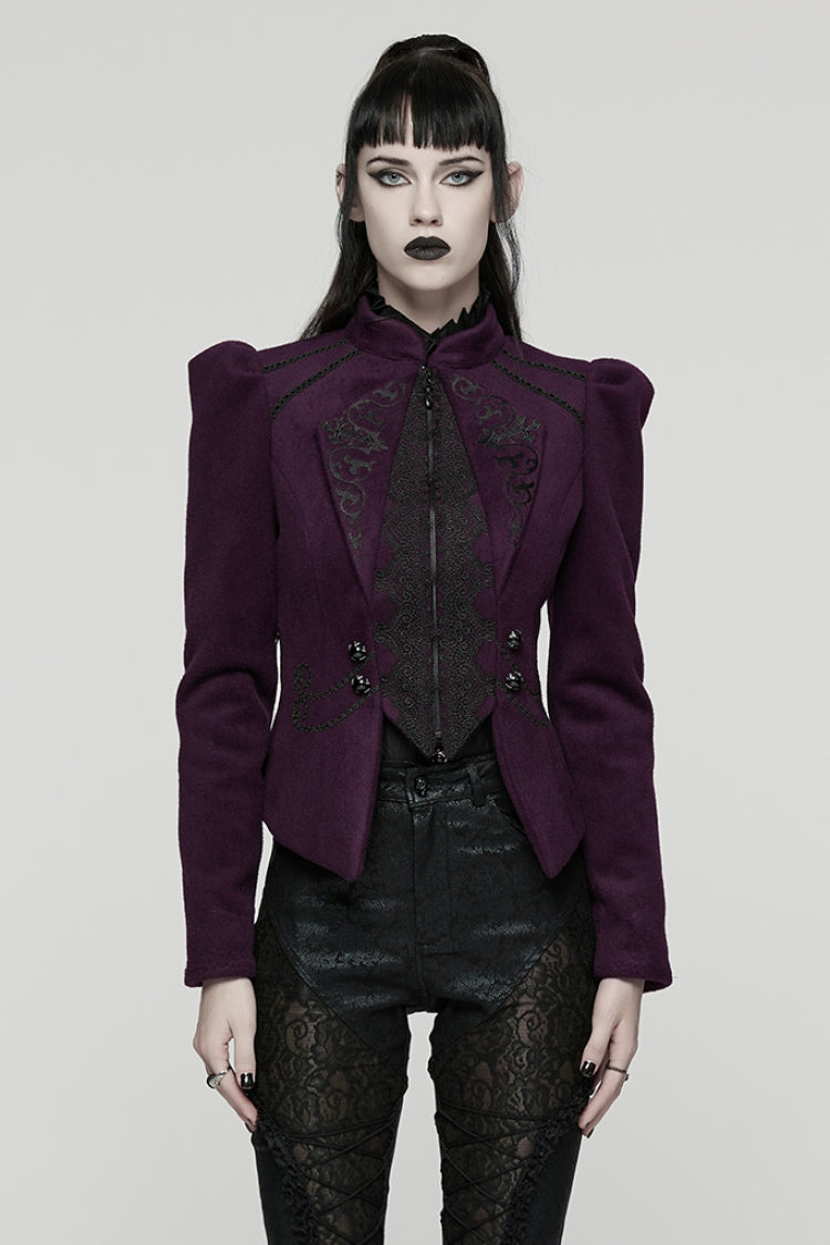 Purple Stand Collar Long Sleeves Embroidered Lace-Up Zippered Women's Gothic Jacket