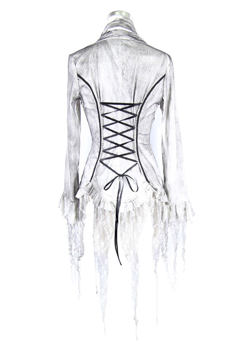 White Printed V-Neck Long Sleeve Flare Cuff Back Waist Lace-Up Irregular Lace Tassels Hem Women's Gothic Blouse