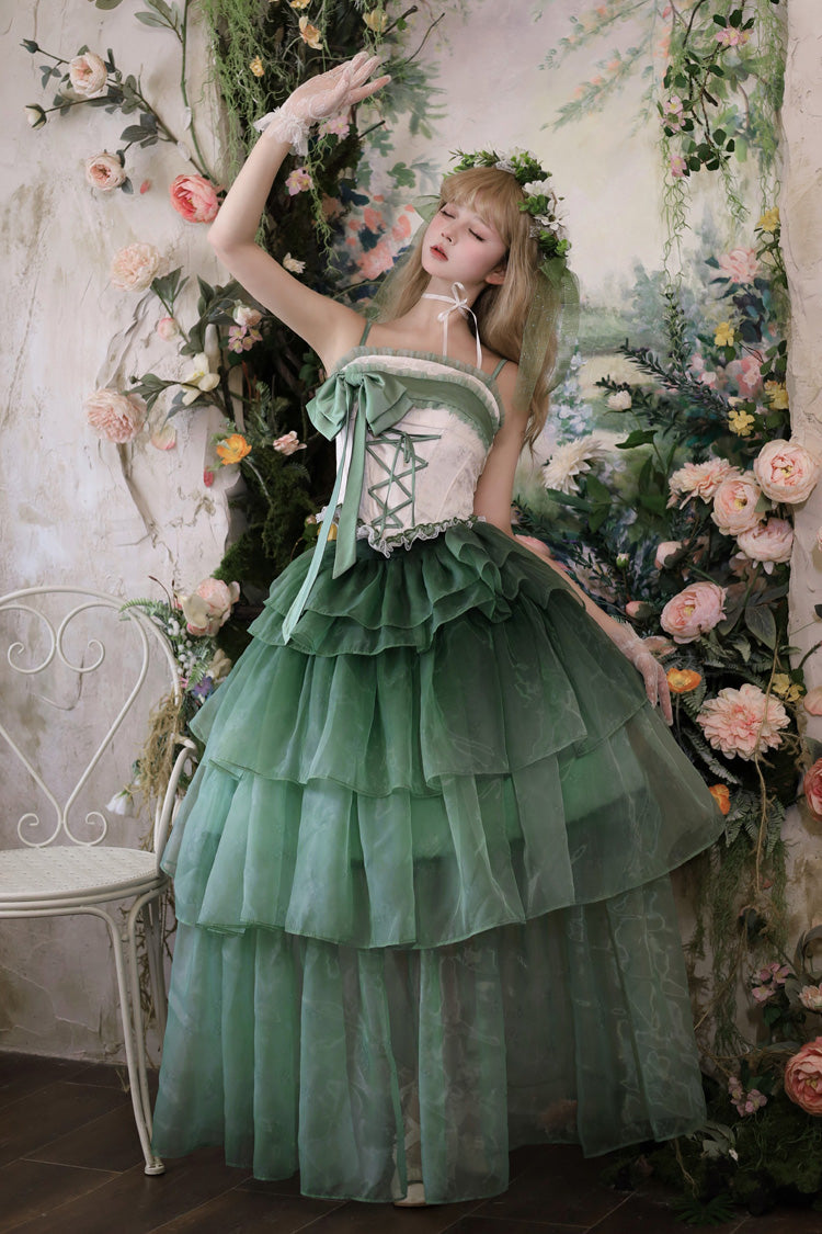 Grün [Maiglöckchen im fallenden Schnee] Ärmelloses, dreilagiges, gerüschtes Schleifen-Schnürkleid-Set mit süßem, elegantem Lolita-Rock