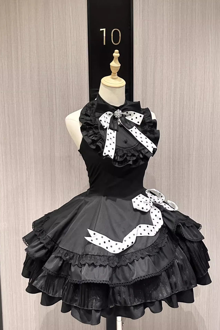 Black Multi-Layered Polka Dots Print Ruffle Bowknot Gothic Lolita Dress