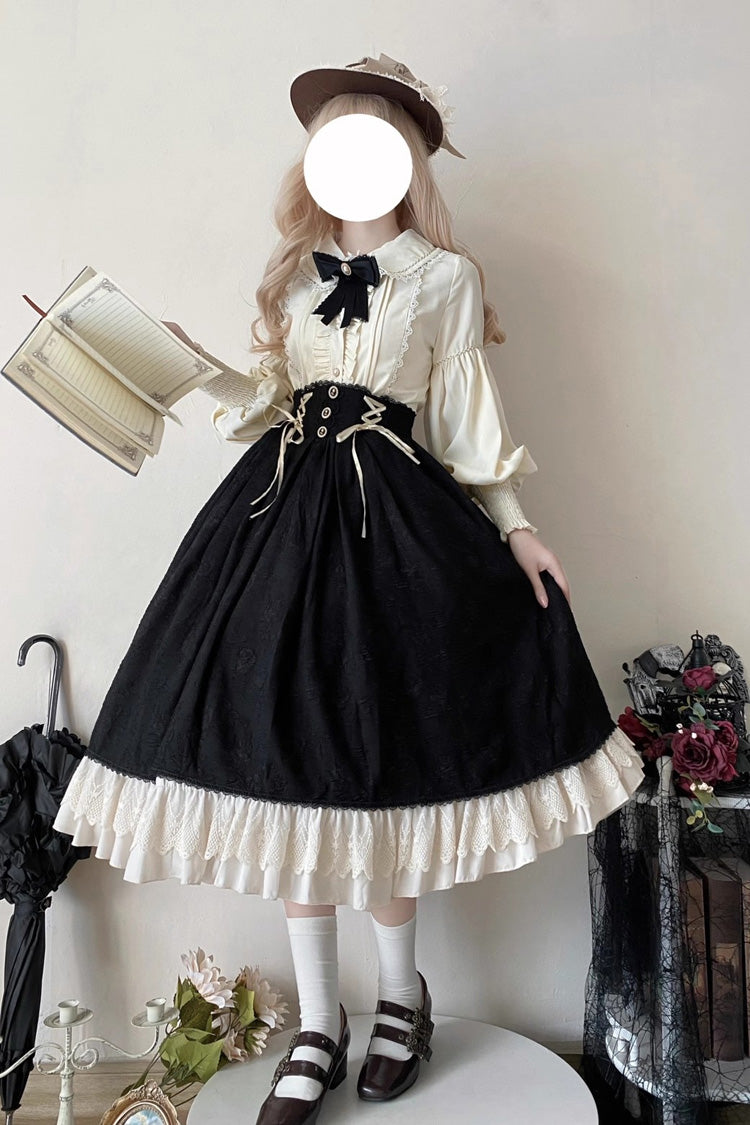 Black [Heart of Rose] High Waisted Ruffle Embroidery Lace-Up Sweet Vintage Elegant Palace Lolita Skirt