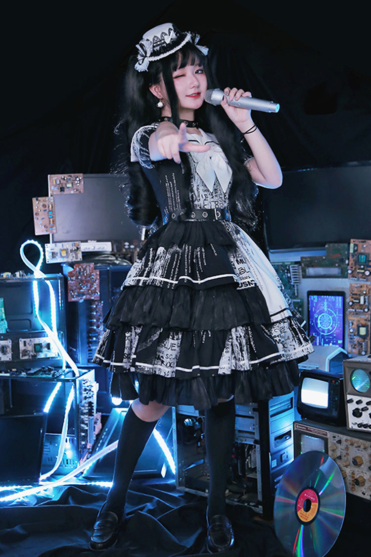 Black Short Sleeves Multi-Layered Print Ruffle Bowknot Asymmetric Punk College Style Lolita Dress