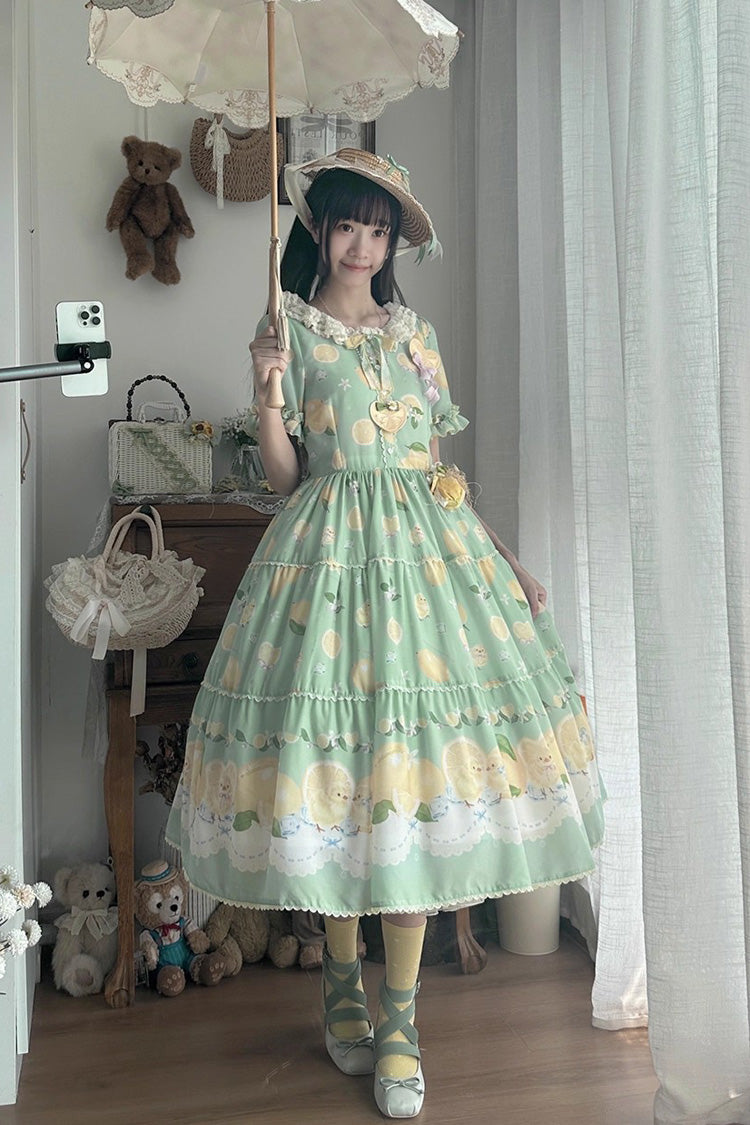 Green [Lemon Chicken] Short Sleeves Print Ruffle Bowknot Lace Daily Sweet Lolita Dress