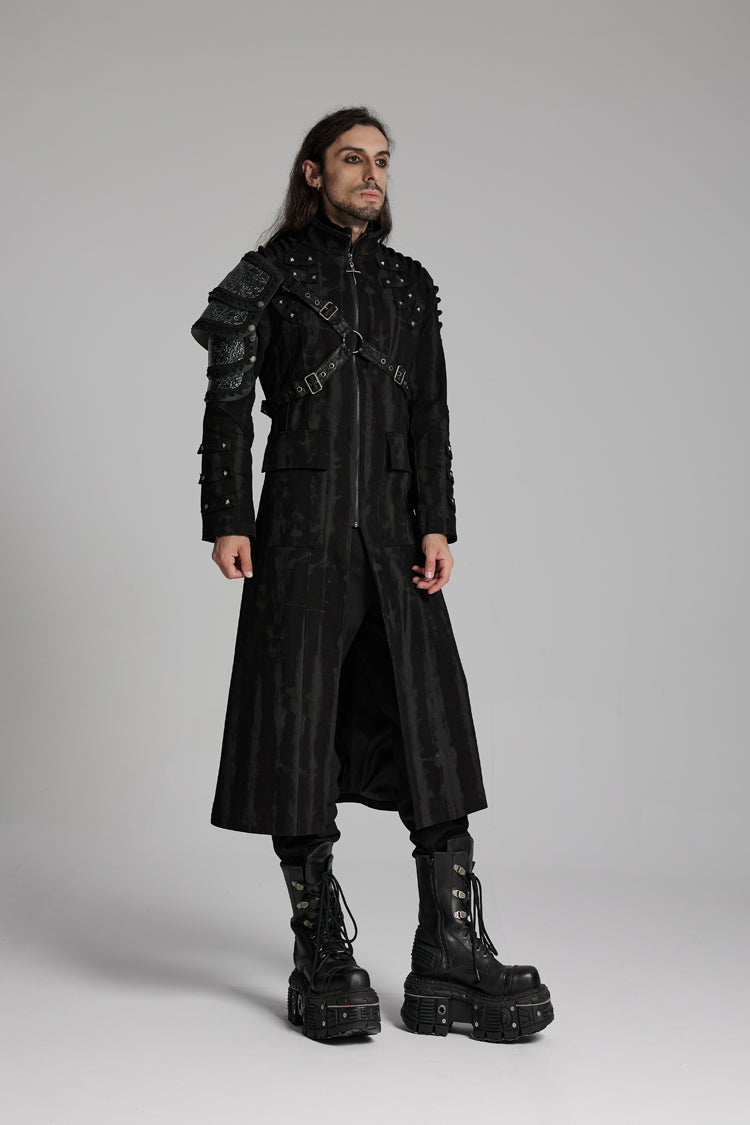 Black Stand Collar Long Sleeves Rivets Strap Zip Men's Punk Long Coat