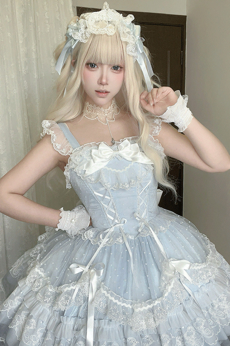 Blue [Candy House] Sleeveless Ruffle Bowknot Lace Lace-Up Sweet Lolita Jsk Dress