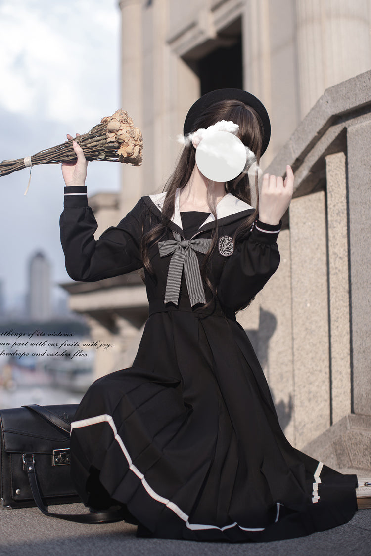 Black Navy Collar Long Sleeves Bowknot Sweet Japanese College Style Elegant Lolita Dress