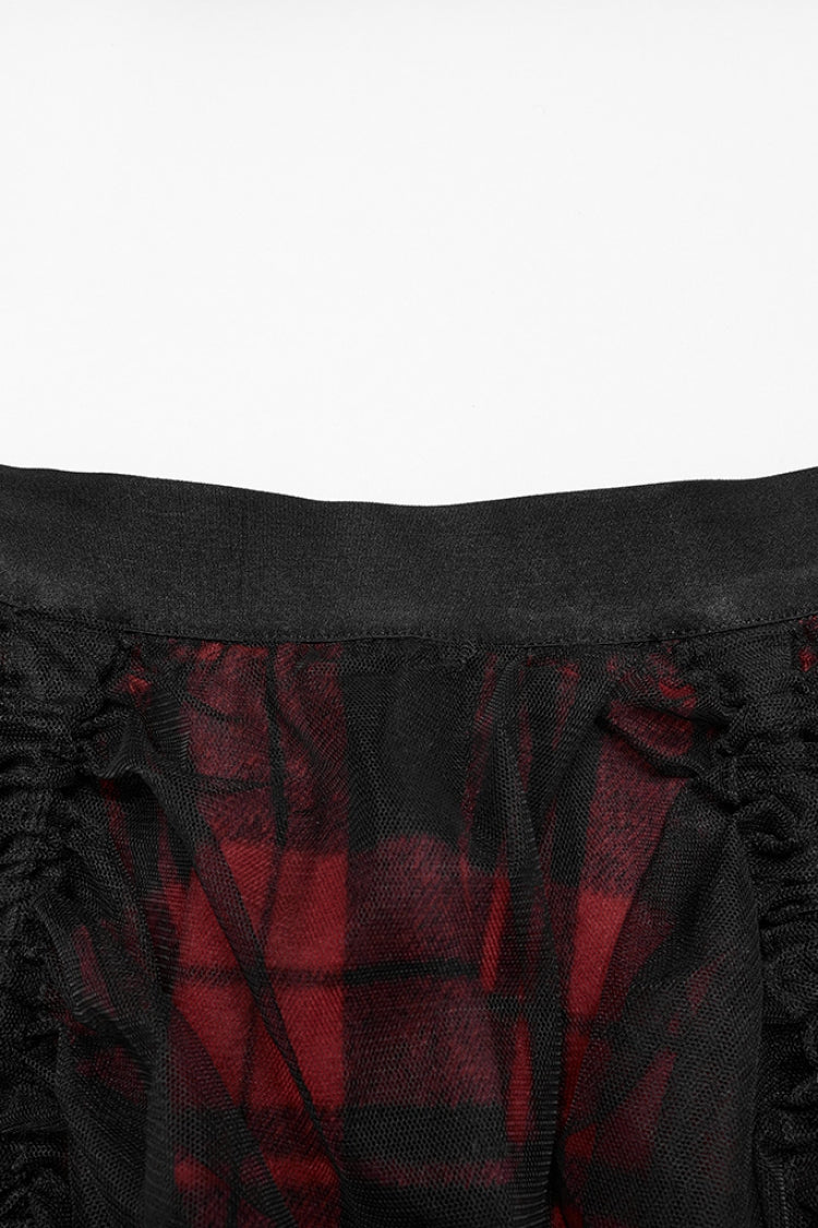 Black/Red Ruffle Stitching Mesh Plaid High/low Women's Gothic Skirt