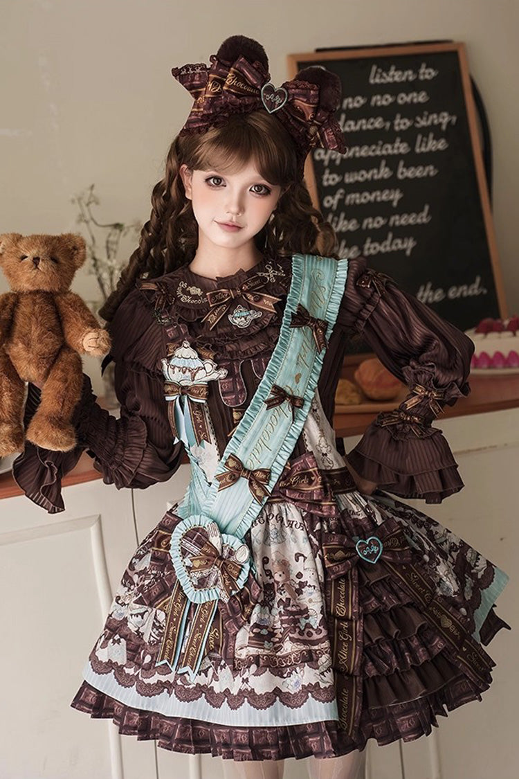 Brown [Teddy Bear Chocolate] Sleeveless Print Ruffle Side Cardigan Bowknot Asymmetric Sweet Lolita Strap Dress