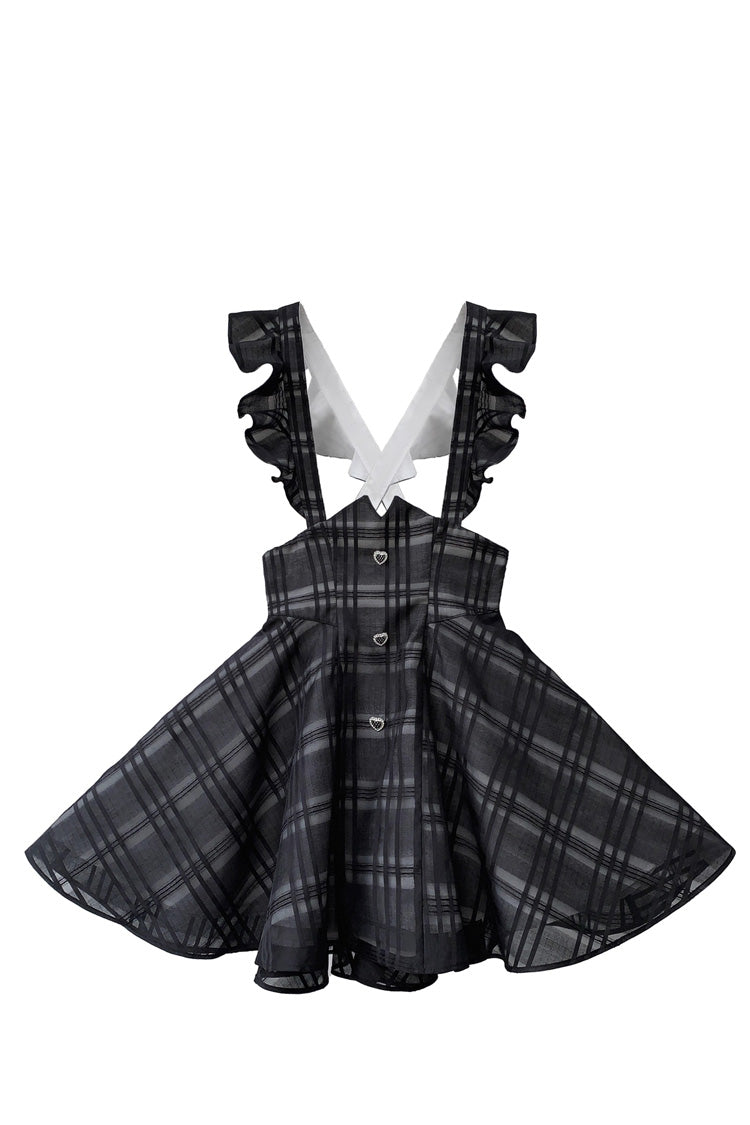 Black Plaid Print Classic College Style Elegant Lolita Strap Short Dress