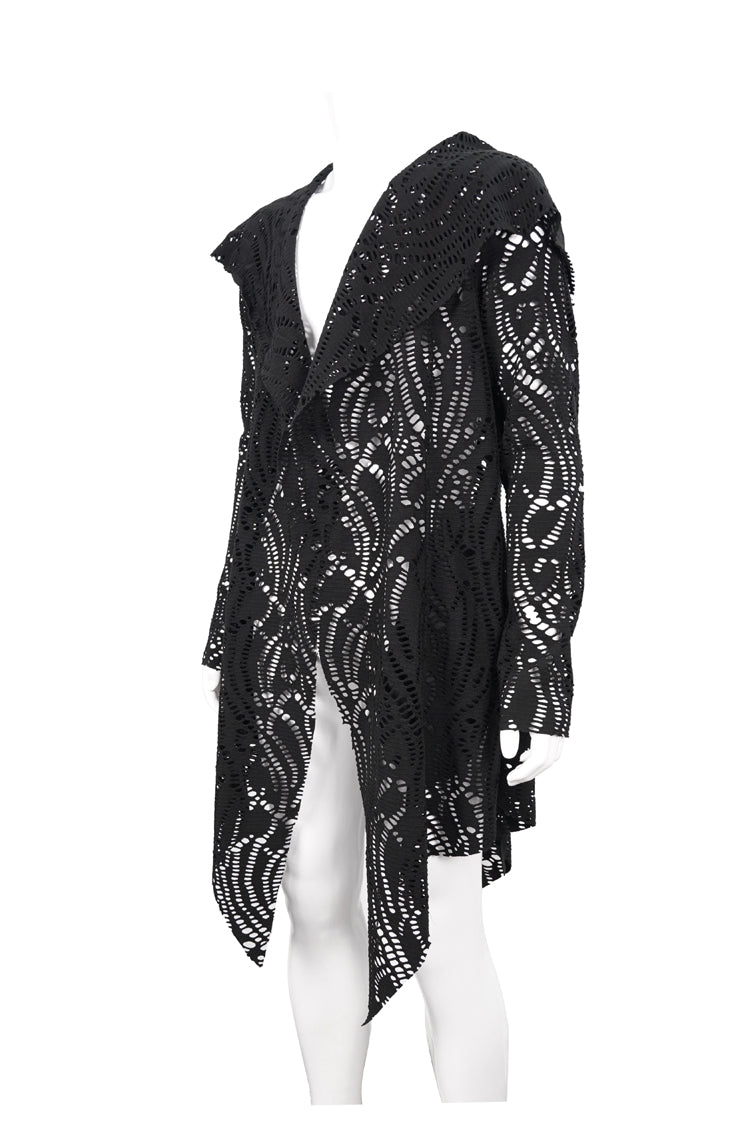 Black V Neck Long Sleeve Sharp Corner Hem Broken Holes Men's Punk Coat