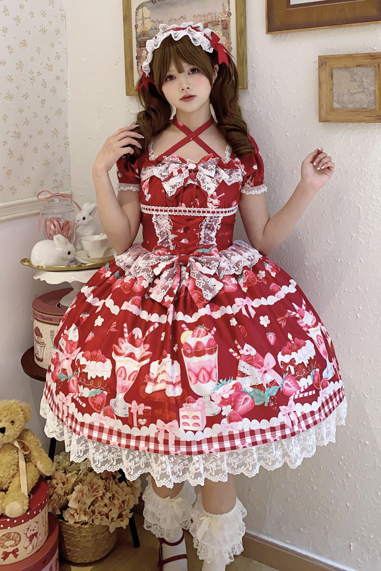 Red [Strawberry Parfait] Print Short Sleeves Ruffle Bowknot Lace Lace-Up Sweet Lolita Dress