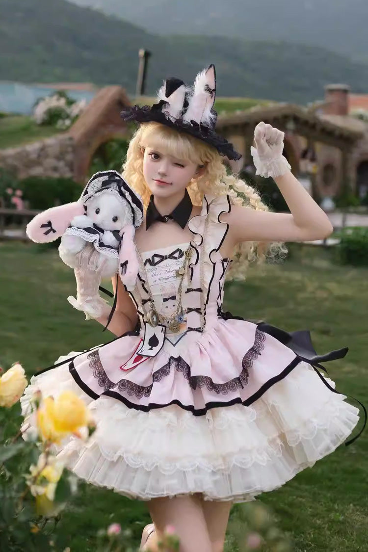 【ビンキーバニーマジック】スクエアカラー ノースリーブ 多層フリル リボンレース スイートロリータ ジャンスカ ワンピース 2色