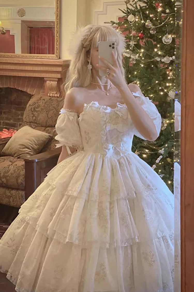 Weißes kurzärmliges Hanayome-Kleid mit Schleife und mehrlagigem Druck, süßes Prinzessinnen-Lolita-Trägerloses Kleid