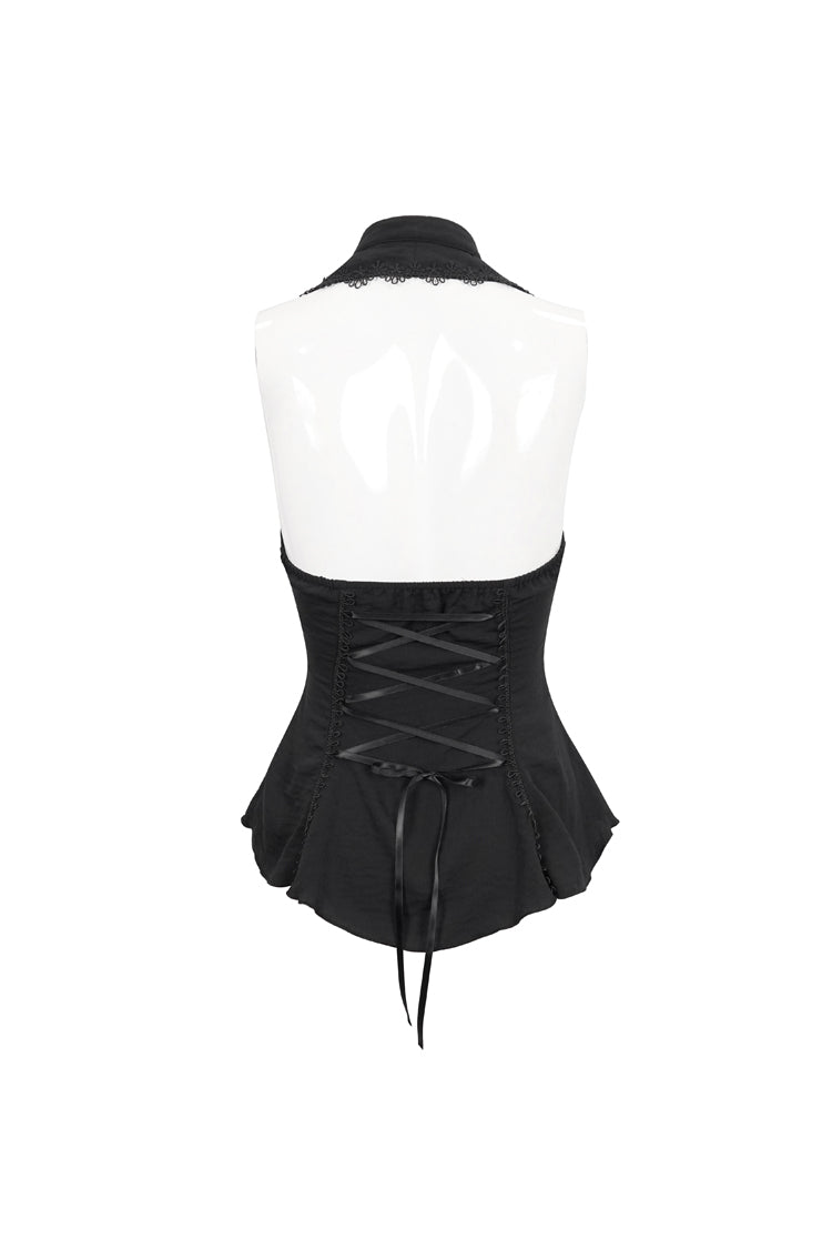 Black Chiffon Sleeveless Front Lace Back Drawstring Straps Women's Punk Shirt