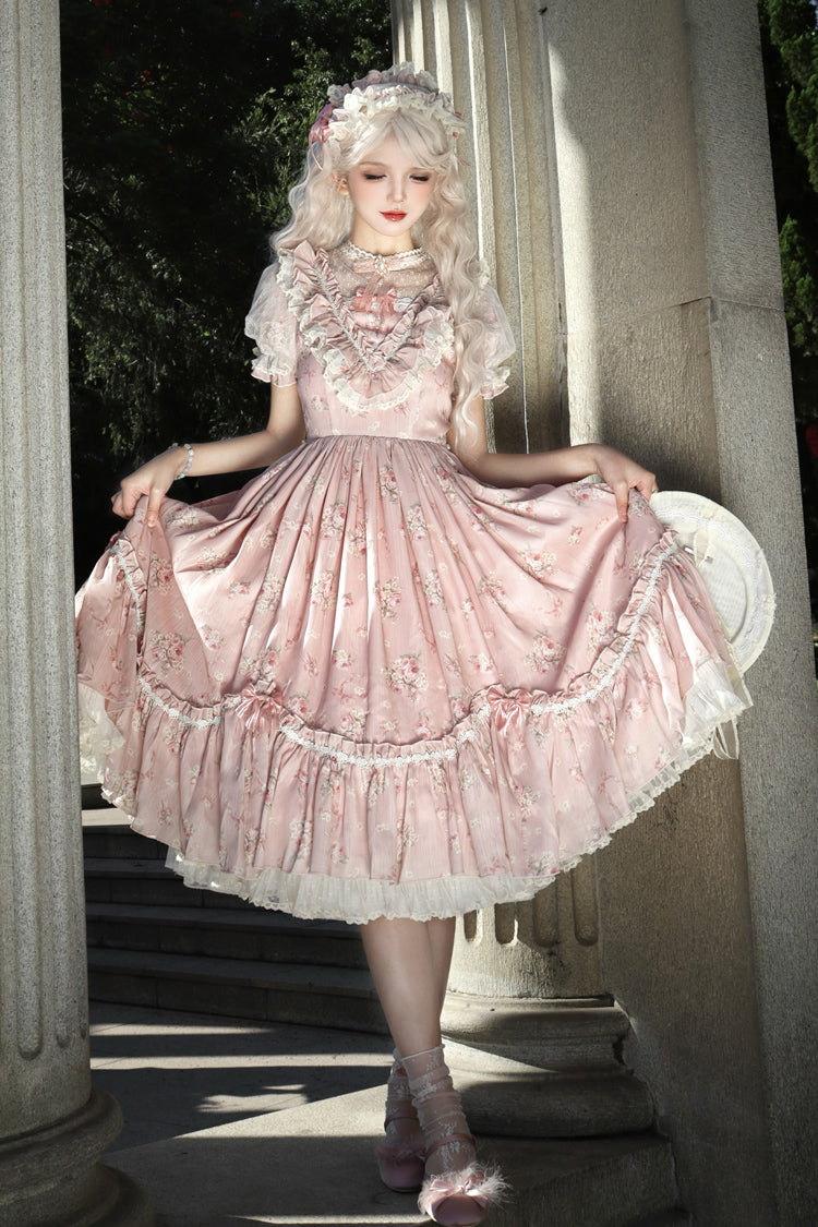[Daydream Rose] Kurzärmliges Kleid mit Blumen-Jacquard-Print, Rüschenstickerei, Schleifenknoten, Sweet Lolita, in 3 Farben 