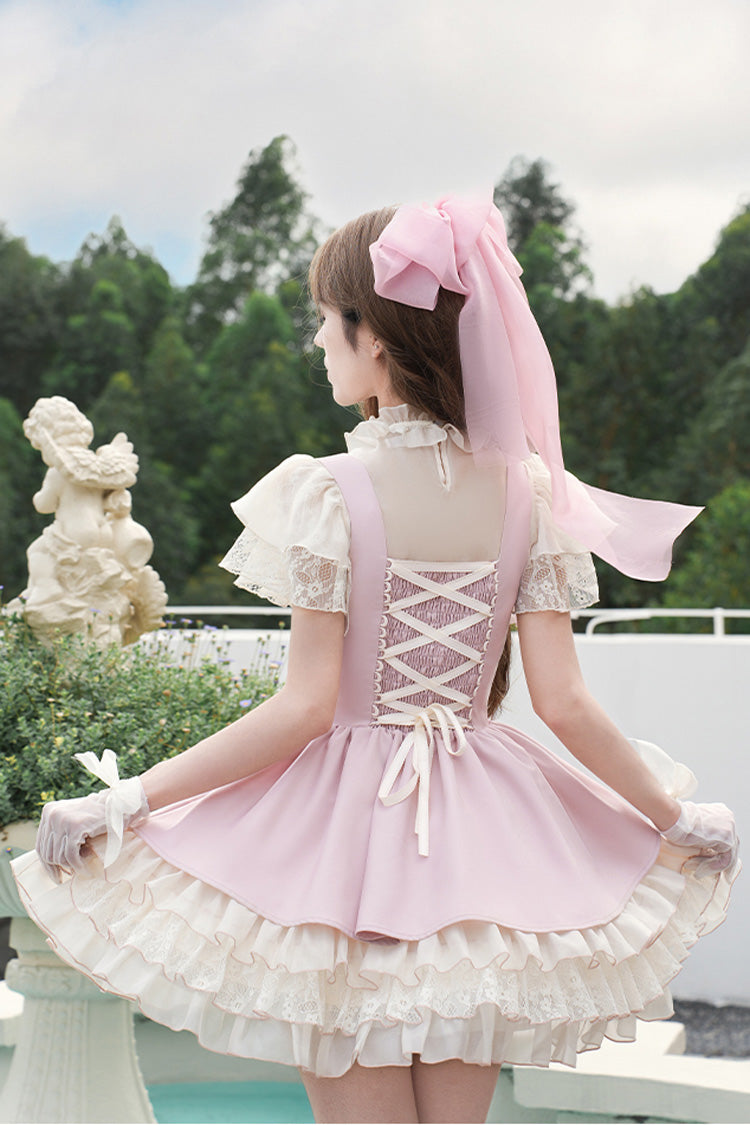 Robe Bustier Sweet Lolita Jsk à Volants Multicouches avec Nœud Papillon et Lacets [Love Diary] Rose 