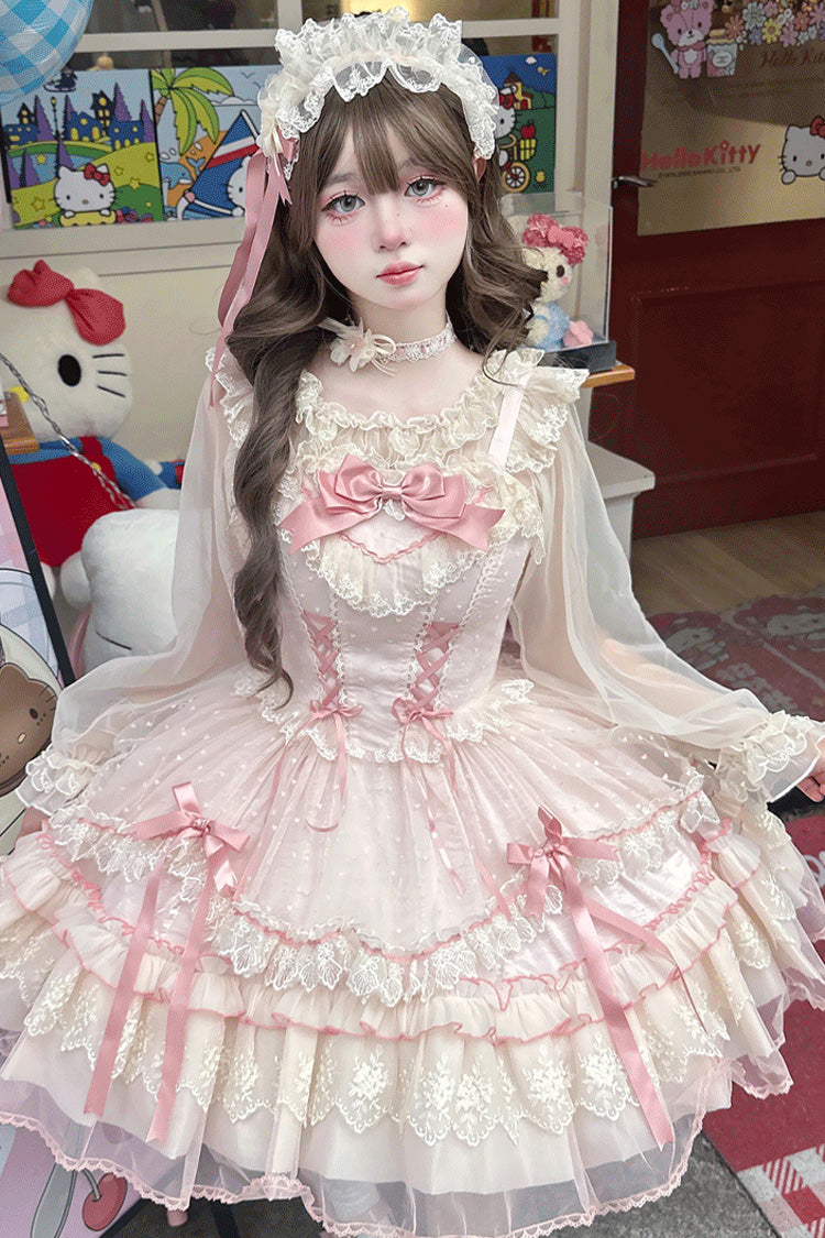 Pink [Candy House] Sleeveless Ruffle Bowknot Lace Lace-Up Sweet Lolita Jsk Dress
