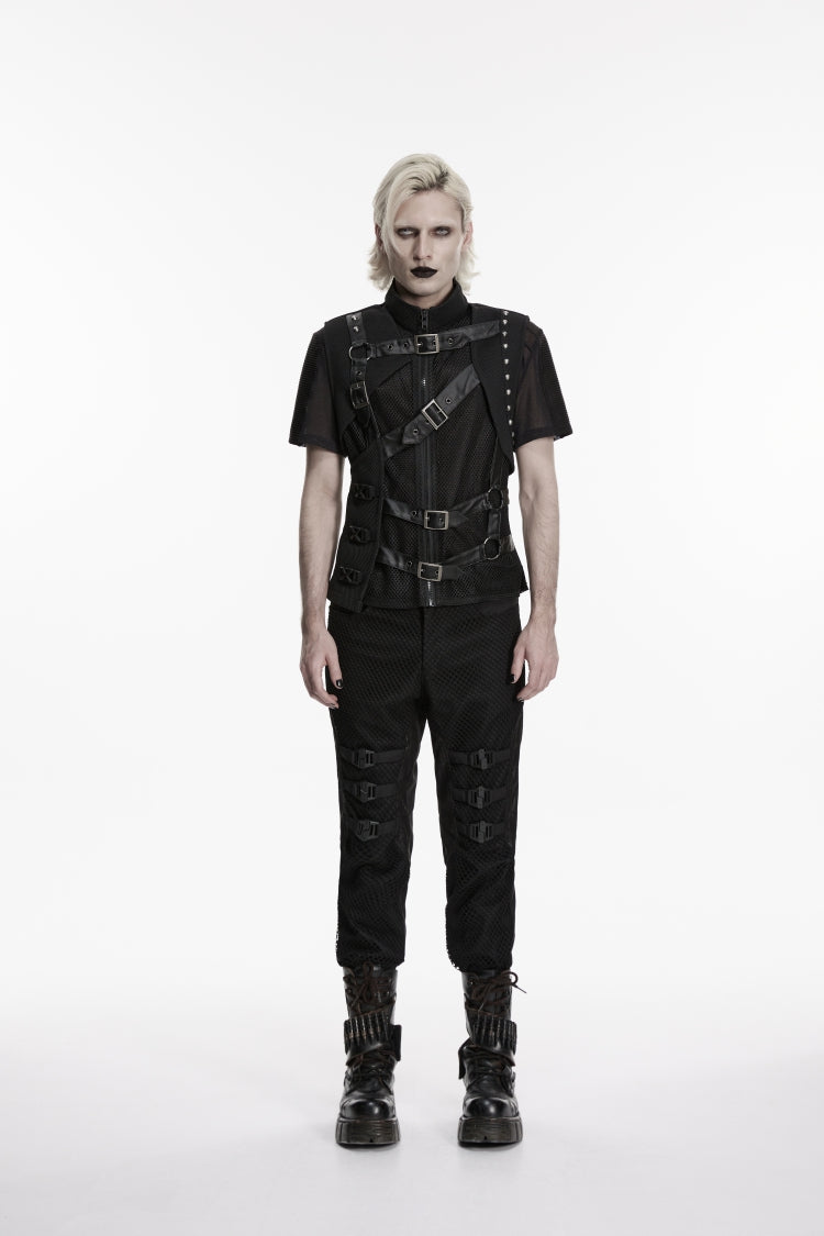 Black Stand Collar Sleeveless Spliced Asymmetric Studded Buckled Eyelet Men's Punk Cool Vest