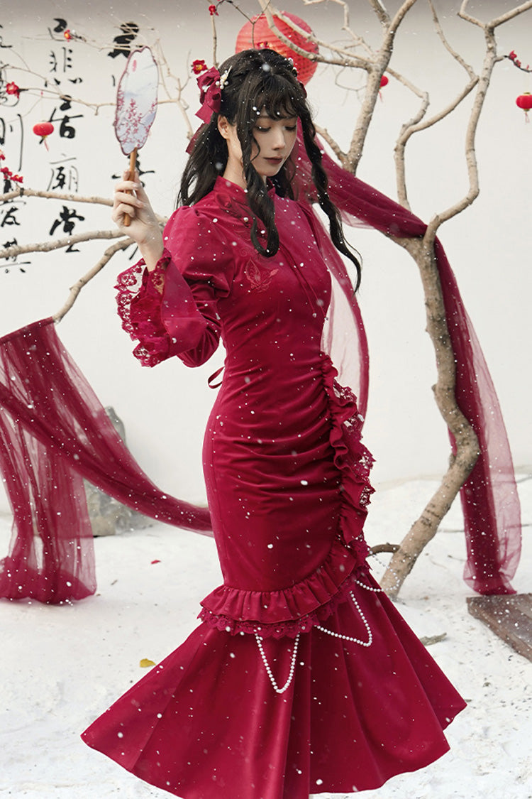 Red Long Sleeves Ruffle Embroidery Bowknot Lace Classic Chinese Style Elegant Lolita Dress