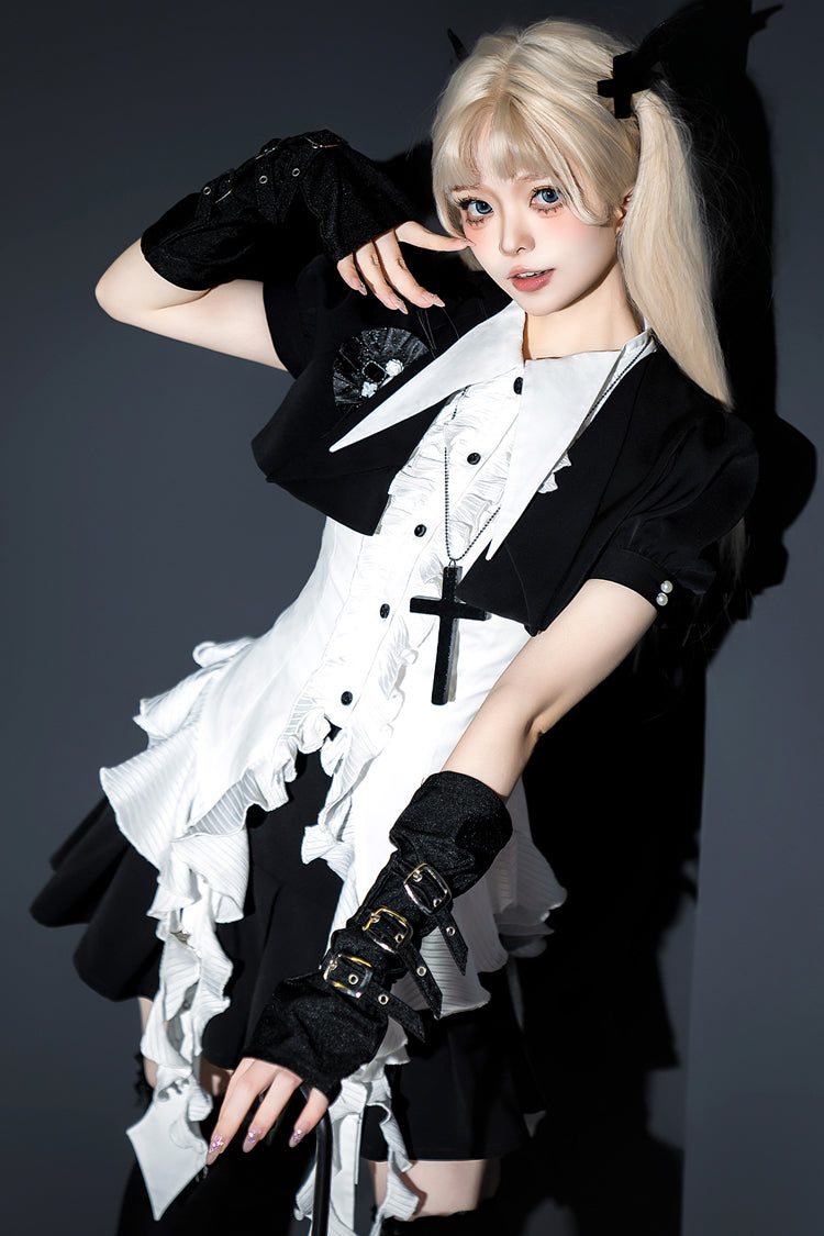 Weiße Rüsche Unregelmäßiger Clown Spitzkragen Gothic Ouji Lolita Bluse 