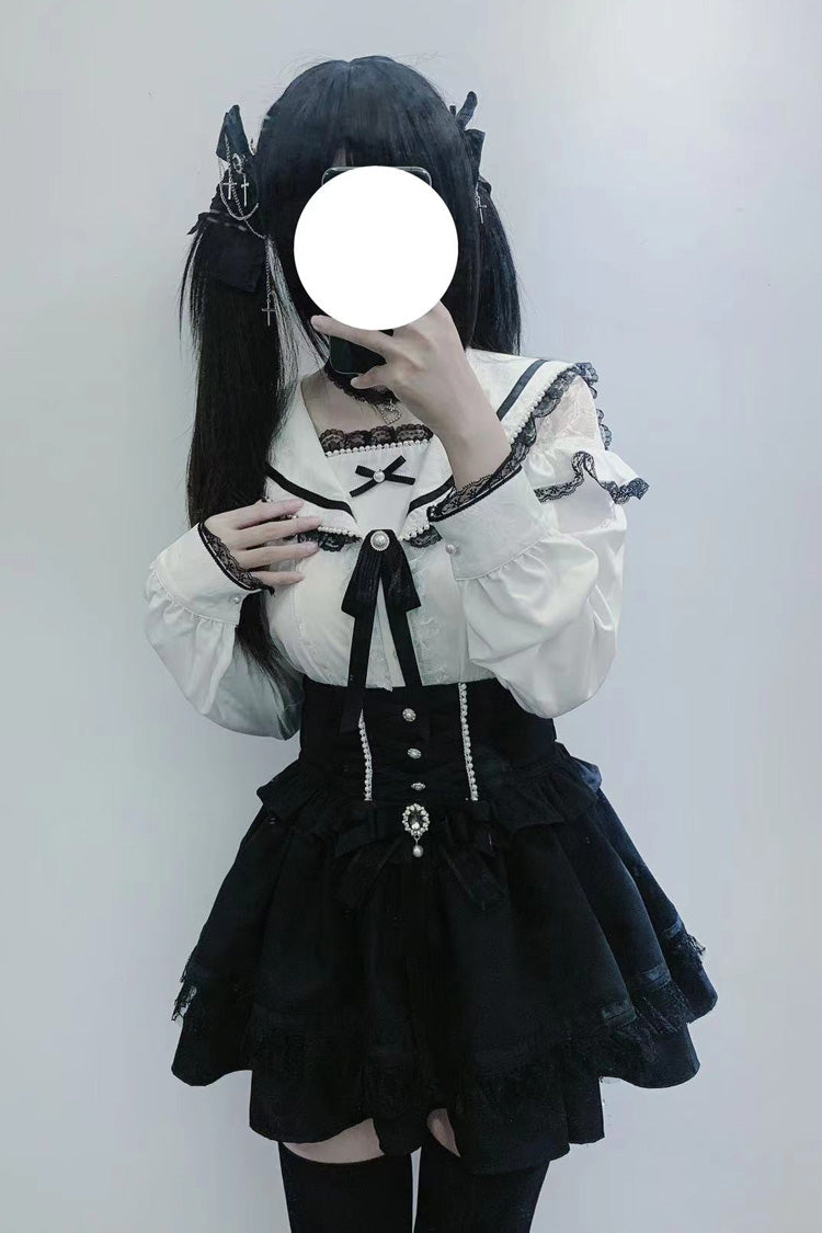 Black Ruffle Bowknot Lace Lace-Up Pearl Jirai Kei Japanese Skirt
