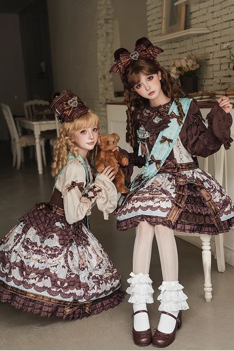 Brown [Teddy Bear Chocolate] Sleeveless Print Ruffle Side Cardigan Bowknot Asymmetric Sweet Lolita Strap Dress