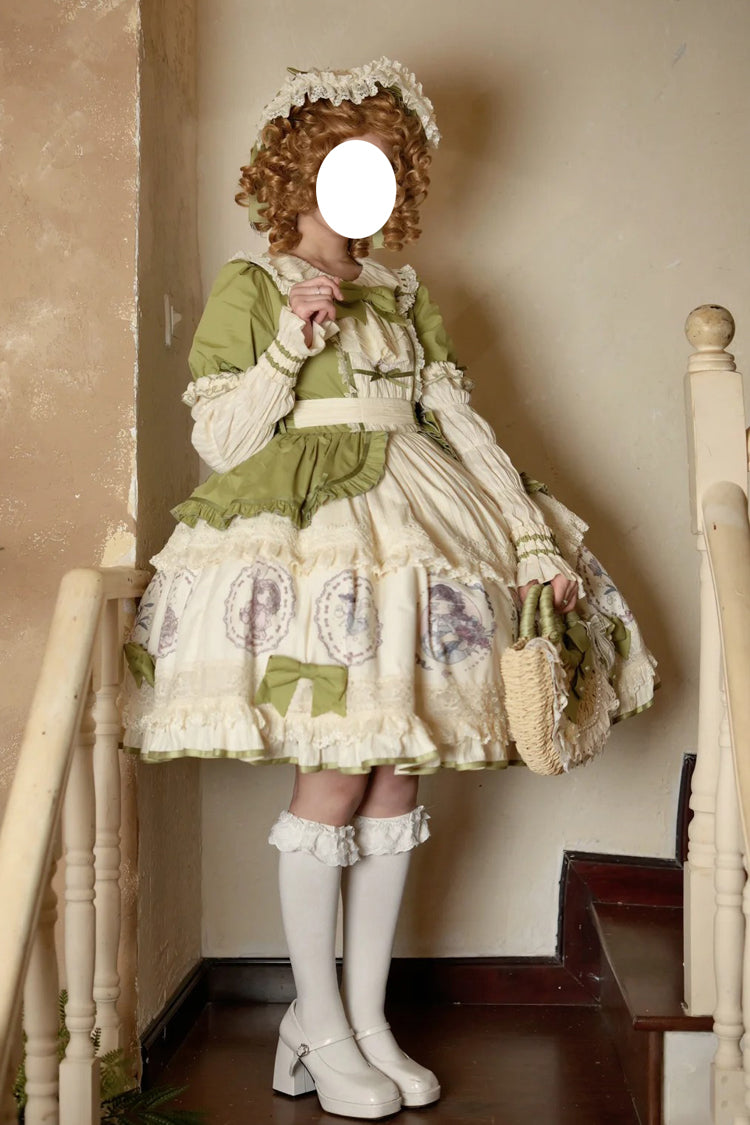 Green [Little Ida's Flowers] Short Sleeves Print Ruffle Bowknot Sweet Lolita Dress