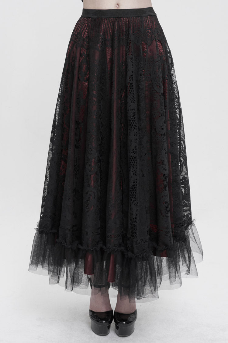 Black/Red Lace Flower Mesh Hem Paneled Ruffles Lace Big Swing Women's Gothic Skirt
