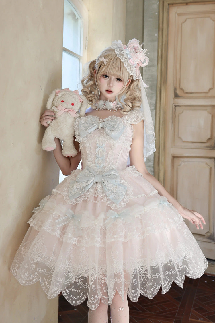 Pink [Bunny Dream Letter] Square Collar Flutter Sleeves Jacquard Ruffled Bow Lace Sweet Princess Balletcore Lolita Jsk Dress