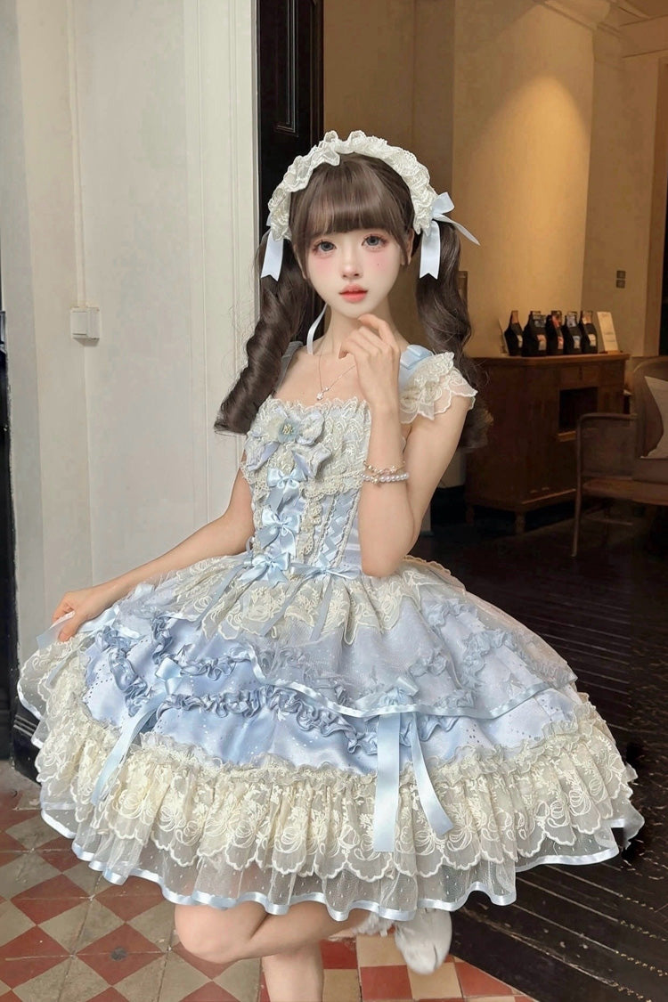 Blue [Dreaming Butterfly] Multi-Layered Jacquard Ruffle Bowknot Lace Sweet Princess Lolita Jsk Dress